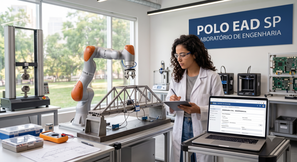 Estudante de engenharia em atividade prática de laboratório em curso semipresencial