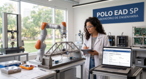 Estudante de engenharia em atividade prática de laboratório em curso semipresencial